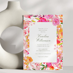 Hellrosa-orange Aquarell-Blumen-Babyparty Einladung