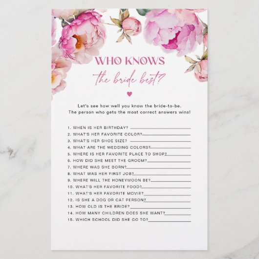 Hellrosa Peony Wer kennt das beste Spiel der Braut (Vorderseite)