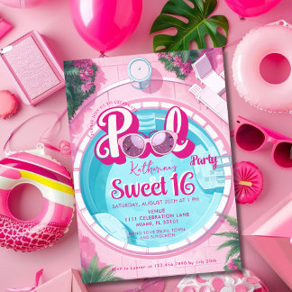 Hellrosa Pool Party Girly Sweet 16 16 Einladung