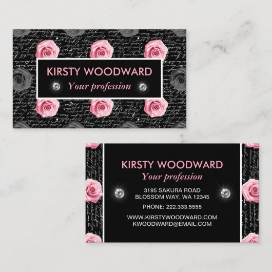 Hellrosa Rose in Schwarzweiß mit handgeschriebenem Visitenkarte (Vorne/Hinten)