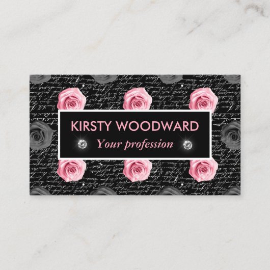 Hellrosa Rose in Schwarzweiß mit handgeschriebenem Visitenkarte (Vorderseite)