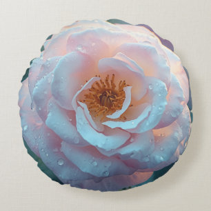Hellrosa Rose mit Tau Rundes Kissen
