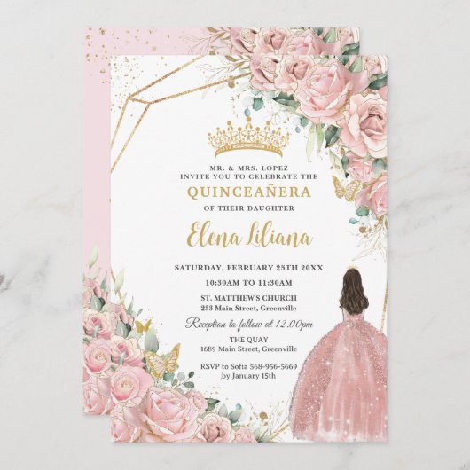 Hellrosa Rose Quinceanera Sweet 16 Einladung (Vorne/Hinten)