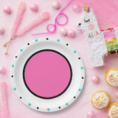 Hellrosa schwarze türkisfarbene Punkte Pappteller (Party)