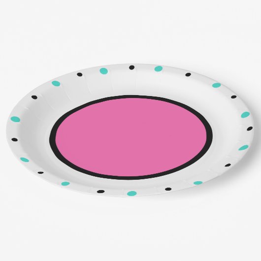 Hellrosa schwarze türkisfarbene Punkte Pappteller (Schrägansicht)