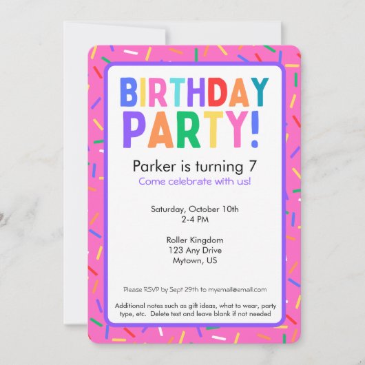 Hellrosa Sprinkles Geburtstagsparty Einladung (Vorderseite)