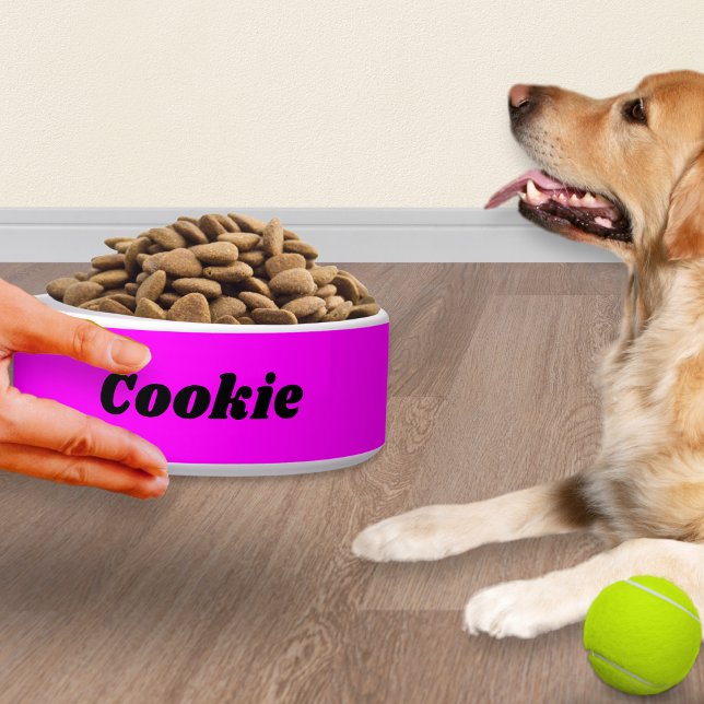 Hellrosa Stilvoll Moderner Personalisierter Hund Napf (A bright pink dog bowl, personalized with the pet's name in modern black typography)