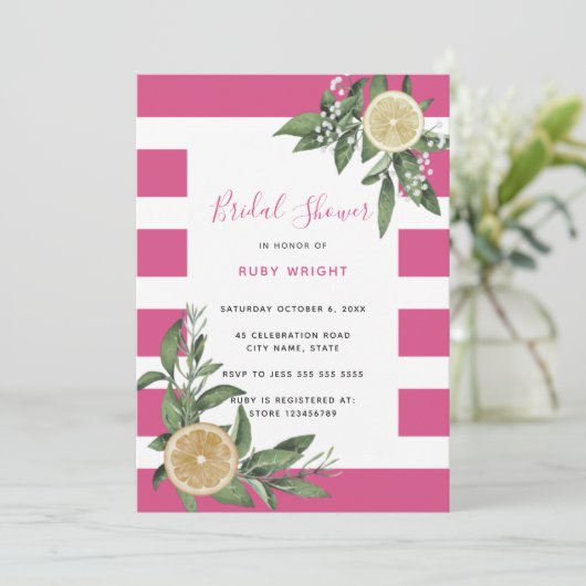 Hellrosa Streifen Zitronen Zitrusfrüchte Brautpart Einladung (Stehend Vorderseite)