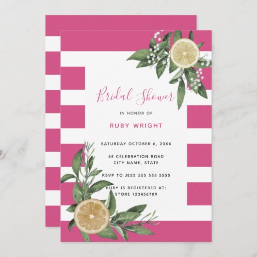Hellrosa Streifen Zitronen Zitrusfrüchte Brautpart Einladung (Vorne/Hinten)