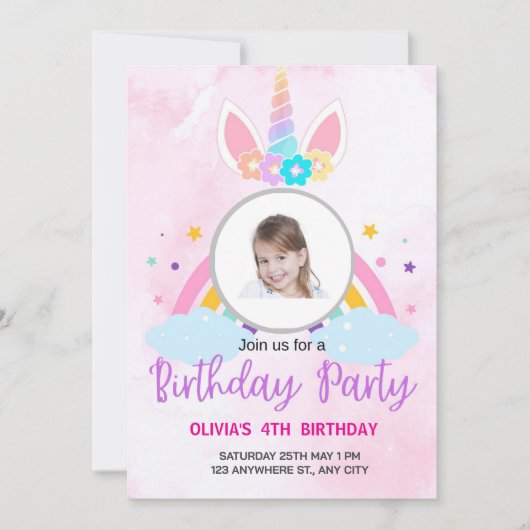 Hellrosa süßes Einhorn Sterne 4. Geburtstag Einladung (Vorderseite)