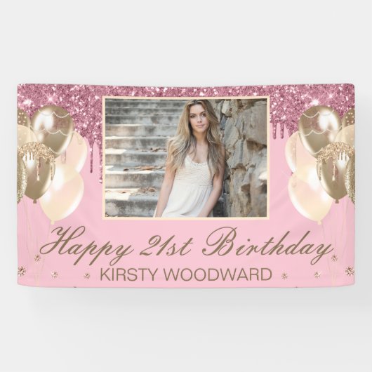 Hellrosa tropfender Glitter mit Luftballons Geburt Banner (Horizontal)