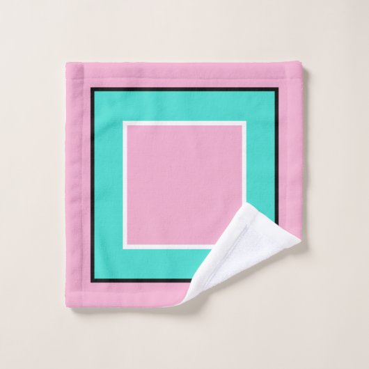 Hellrosa Türkisfarbenes Schwarzes Blockmuster Badhandtuch Set (Waschlappen)