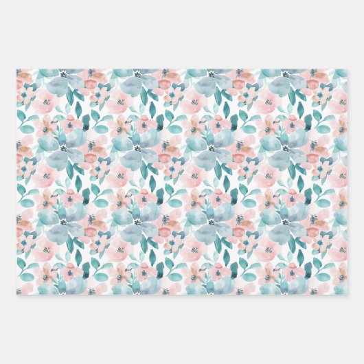 Hellrosa und Aquamarines Blumenmuster Geschenkpapier Set (Vorderseite 2)
