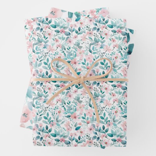 Hellrosa und Aquamarines Blumenmuster Geschenkpapier Set (Beispiel)
