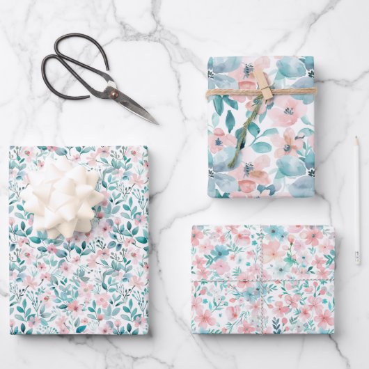 Hellrosa und Aquamarines Blumenmuster Geschenkpapier Set (Vorderseite)