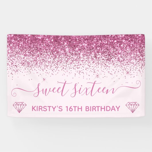Hellrosa und falscher rosa Glitter Sweet 16 Banner (Horizontal)