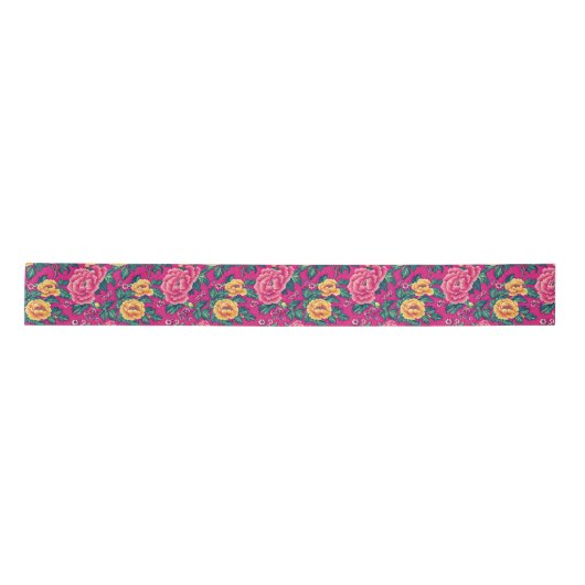 Hellrosa und gelbe Chinoiserie Blumen Satinband (Vorderseite)