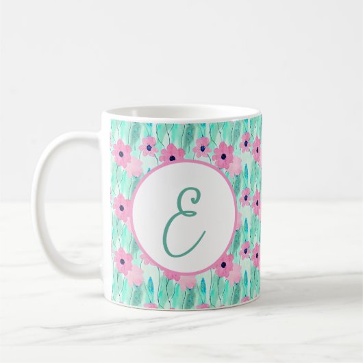 Hellrosa und grüne florale Monogramm Kaffeetasse (Links)