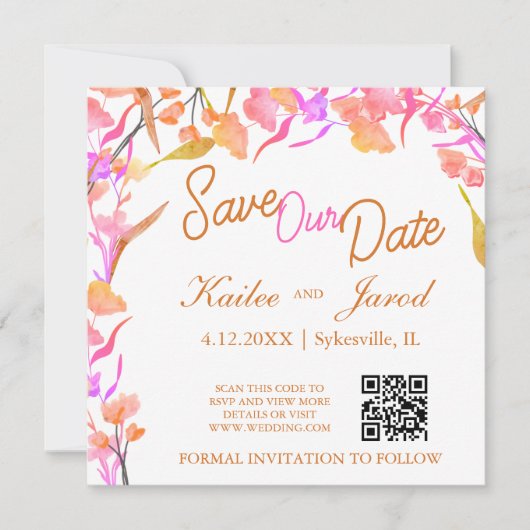 Hellrosa und orange Wildblume QR-Code Save The Date (Vorderseite)