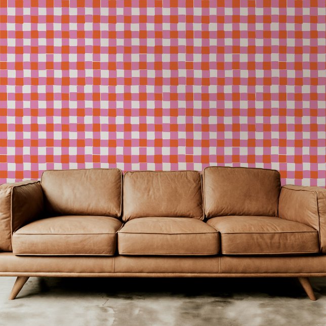 Hellrosa und orangefarben Kariert Tapete (Bright pink and orange red hand-drawn checkered plaid peel and stick wallpaper.)