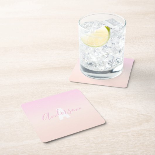 Hellrosa und Pfirsichfarben Ombre Name & Monogramm Rechteckiger Pappuntersetzer (Vor Ort)