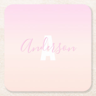 Hellrosa und Pfirsichfarben Ombre Name & Monogramm Rechteckiger Pappuntersetzer