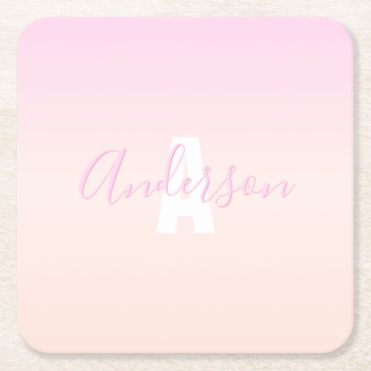 Hellrosa und Pfirsichfarben Ombre Name & Monogramm Rechteckiger Pappuntersetzer (Vorderseite)