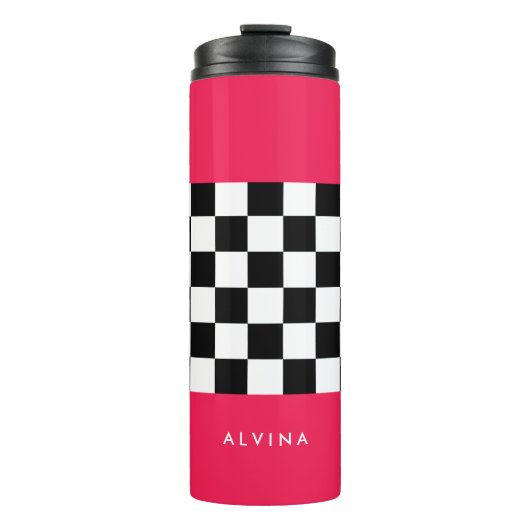Hellrosa und Schachbrett Thermosbecher (Vorderseite)
