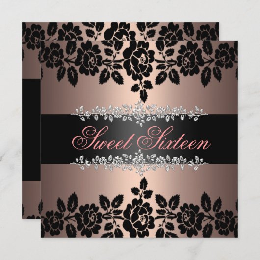 Hellrosa und schwarze Rose Sweet 16 Einladung (Vorne/Hinten)