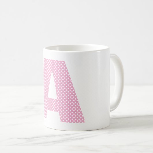 Hellrosa und weiße Polka Dot Fett Monogramm Kaffeetasse (VorderseiteRechts)