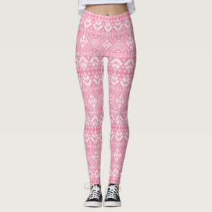 Hellrosa und weißer Winter Fair Isle Weihnachten Leggings