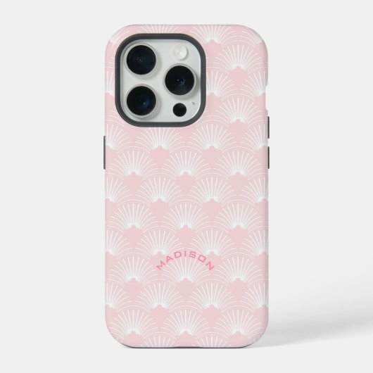 Hellrosa und weißes Art Deco Muster Monogramm iPhone Hülle (Rückseite)