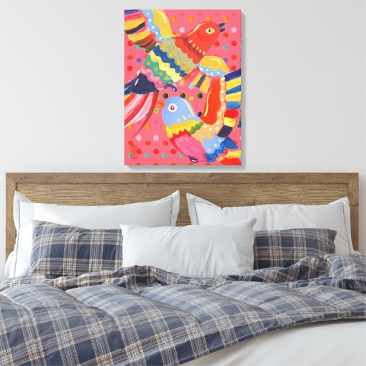 Hellrosa Vögel, farbenfrohe Abstrakte Folklorekuns Leinwanddruck (Insitu (Schlafzimmer))