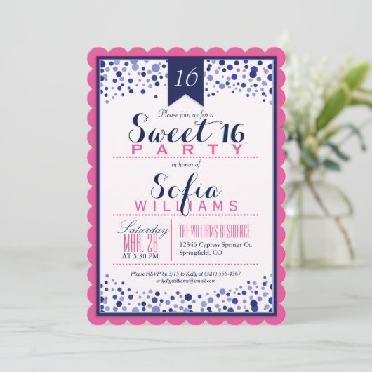 Hellrosa, Weiß, Navy Blue Sweet 16 Party Einladung (Stehend Vorderseite)