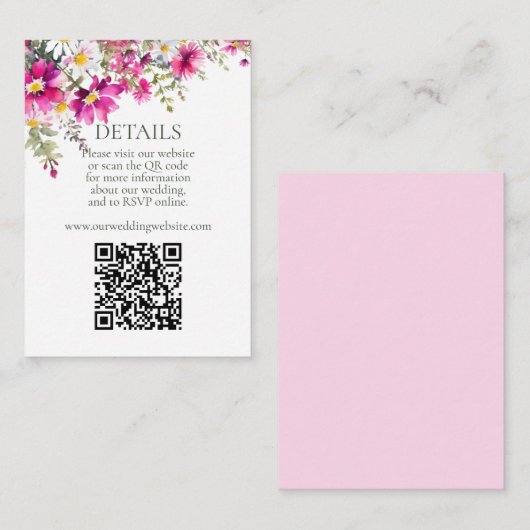 Hellrosa Wildblumen QR-Code Hochzeitdetails Begleitkarte (Vorne/Hinten)