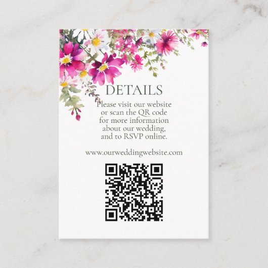 Hellrosa Wildblumen QR-Code Hochzeitdetails Begleitkarte (Vorderseite)