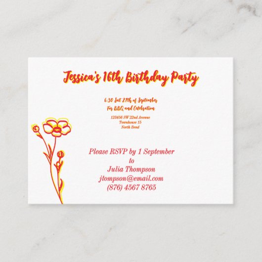 Hellrot & gelb Blüte 16. Geburtstag Begleitkarte (Vorderseite)