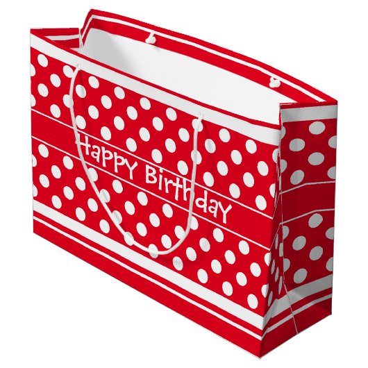 Hellrot mit weißen Polka-Punkten Große Geschenktüte (Rückseite Schrägansicht)