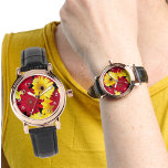 Hellrot und gelb Gerber Daisies Armbanduhr<br><div class="desc">Ein buntes Armgesicht mit farbenfrohen, gelben und roten Gerber-Farbfotos auf schwarzem Hintergrund mit der Vintagen Lederband. Die weißen Zahlen sind eine Vorlage, die Sie entfernen/löschen können. Sie können dieses Design auch dort übertragen, wo es passend zu einem anderen Produkt in der Scroll-Bar passt, wie z.B. der Taschenuhr oder der Wanduhr....</div>