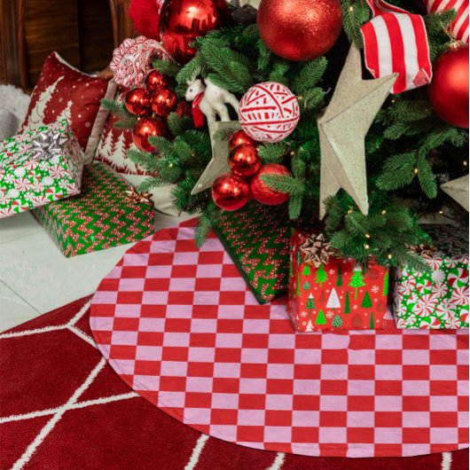 Hellrot und Hellrosa Karo Polyester Weihnachtsbaumdecke