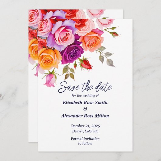 Hellrot und rosa lila Rose Hochzeit mit Blumen Save The Date (Vorne/Hinten)
