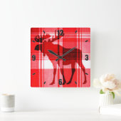 Hellrote karierte Elche rustikale Viereckuhr Quadratische Wanduhr (Zuhause)
