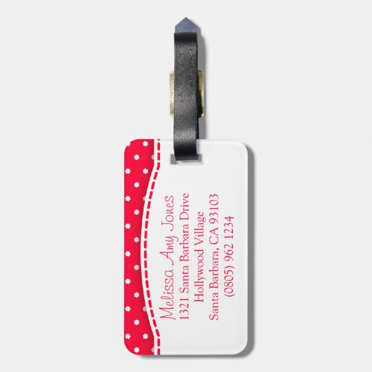 Hellrote Polka-Punkte mit Namen Gepäckanhänger (Rückseite vertikal)