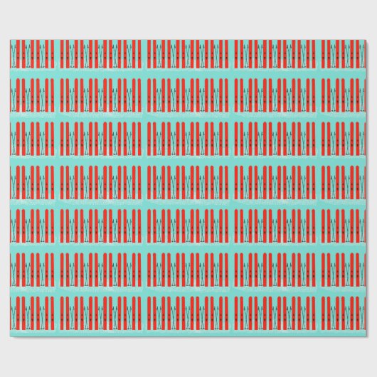 Hellrote Skier auf blauem Papier Geschenkpapier (Flach)