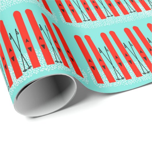 Hellrote Skier auf blauem Papier Geschenkpapier (Rolleneckpunkt)