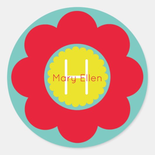 Hellrote und gelbe Blume auf Aquamarinem Monogramm Runder Aufkleber (Vorderseite)