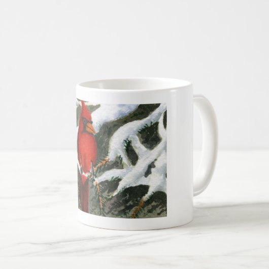 Hellroter Kardinal in schneebedeckten Kiefern Kaff Kaffeetasse (VorderseiteRechts)