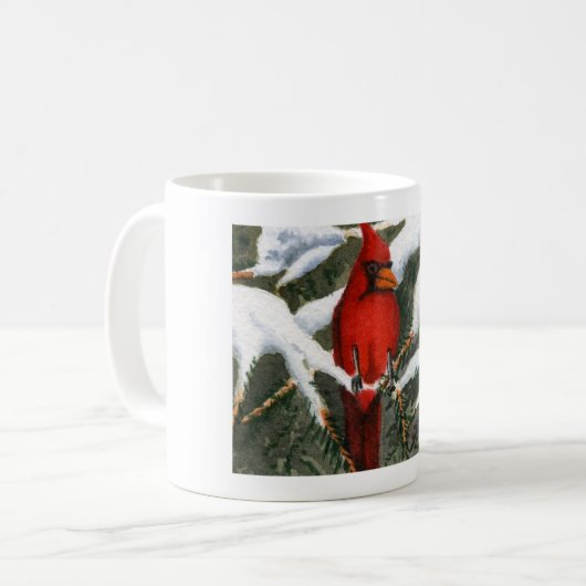 Hellroter Kardinal in schneebedeckten Kiefern Kaff Kaffeetasse (Vorderseite Links)
