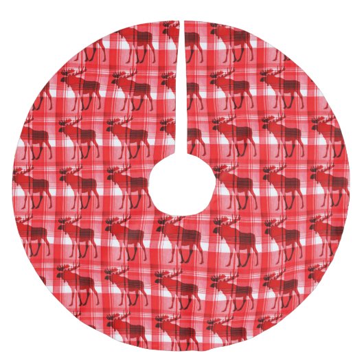 Hellroter karierter Elchröcke Polyester Weihnachtsbaumdecke (Vorderseite)