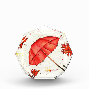 Hellroter Regenschirm und rote Blätter Aquarell Fotoblock